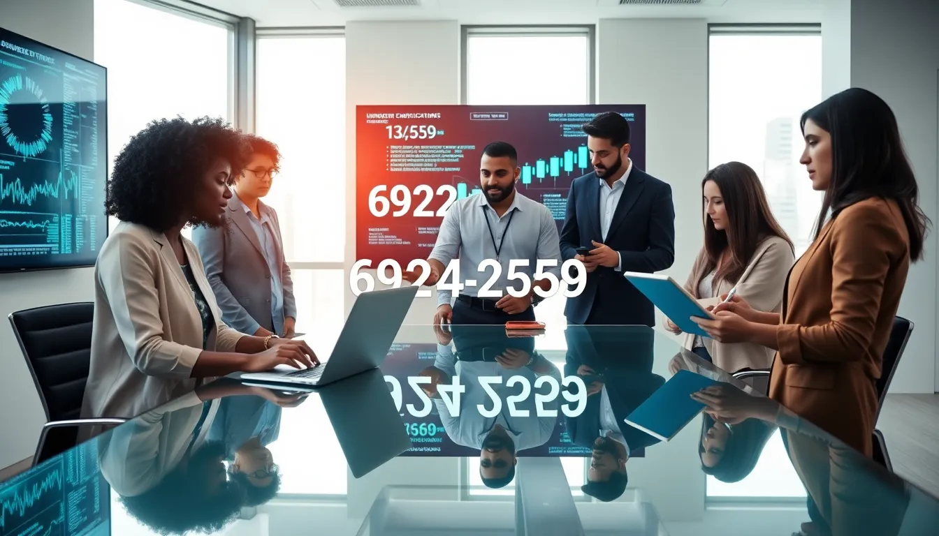 diverse team collaborating in a modern office around data displays.